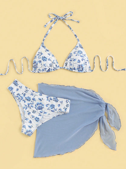 SHEIN Swim Mod Floral Print Triangle Bikini Swimsuit with Beach Skirt