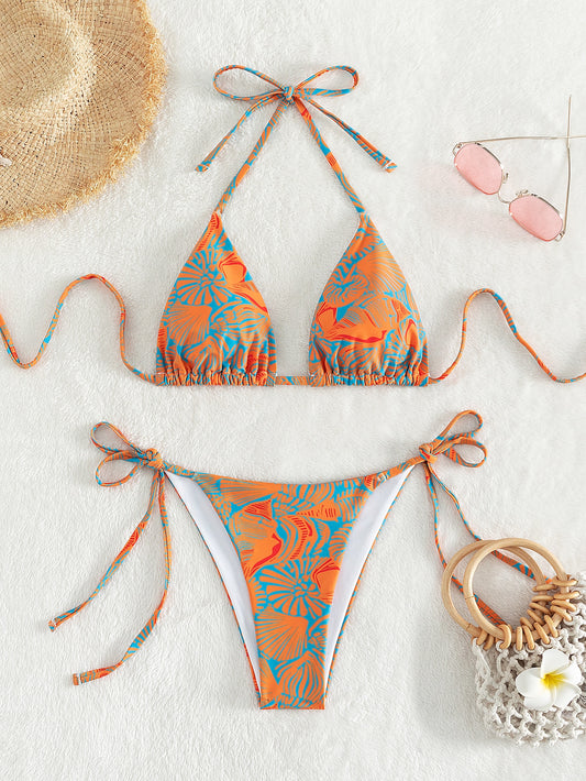 Allover Print Bikini Set Halter Triangle Bra & Tie Side Bottom 2 Piece Swimsuit