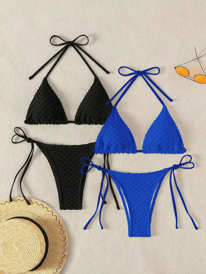 SHEIN Swim Basics 2Sets Halter Triangle Tie Side Bikini Swimsuit