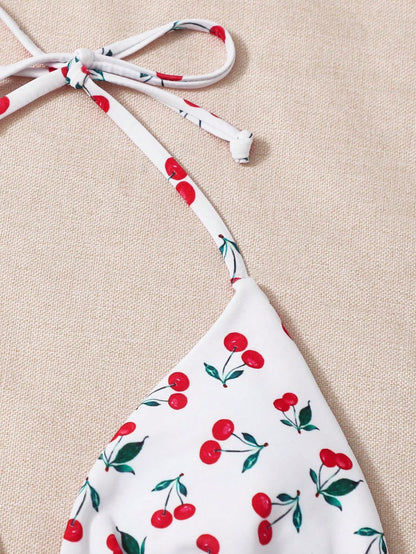 Cherry Print Triangle Tie Side Bikini Swimsuit