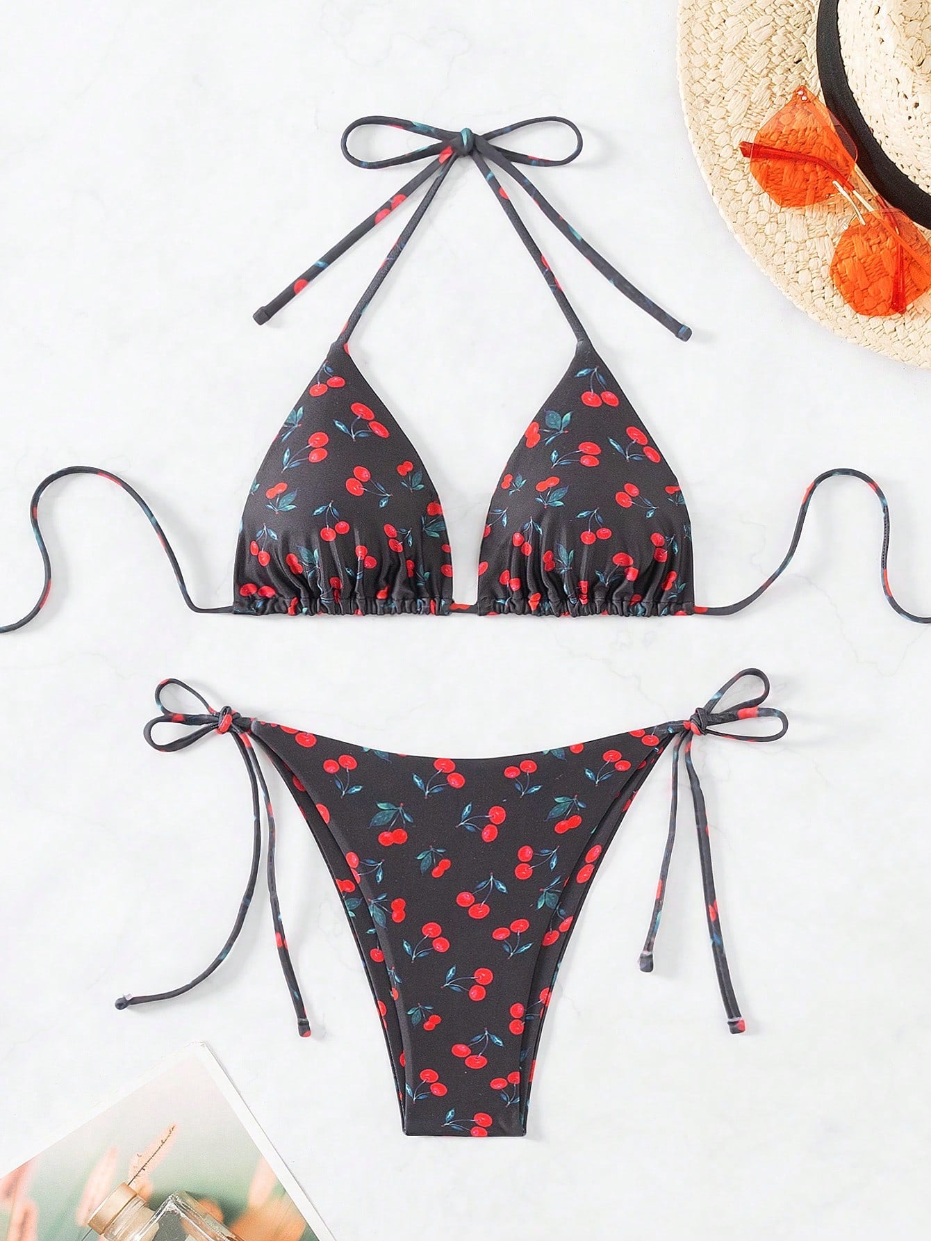 Cherry Print Triangle Tie Side Bikini Swimsuit