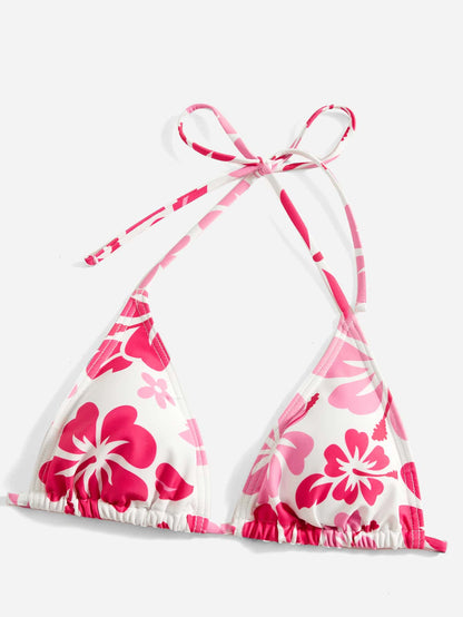Floral Bikini Set Halter Micro Triangle Bra & Bikini Bottom & Cover up Skirt 3 Piece Bathing Suit