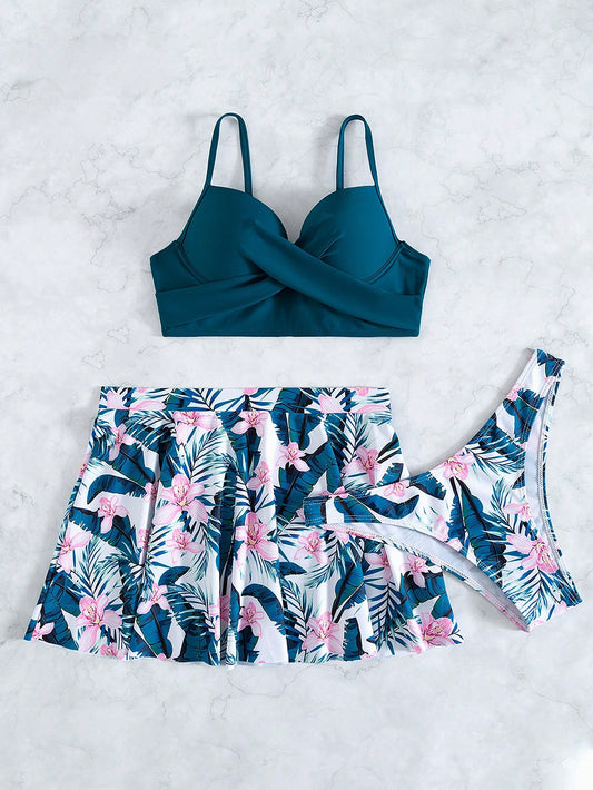 SHEIN Swim Vcay Tropical Print Twist Front Halter Push up Bikini Swimsuit with Beach Skirt