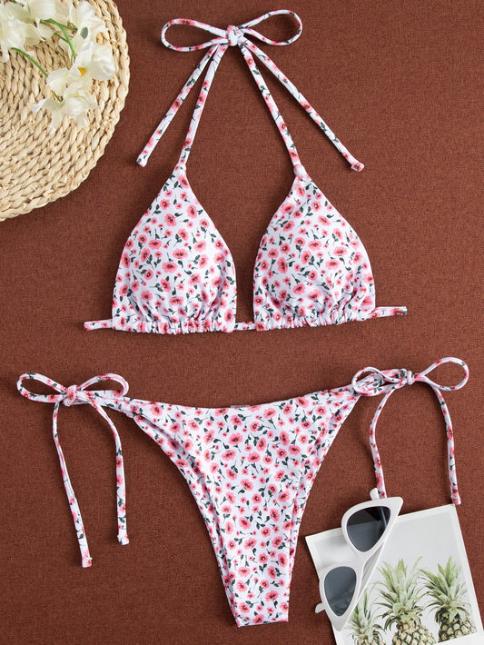 SHEIN Swim Mod Ditsy Floral Triangle Tie Side Bikini Swimsuit