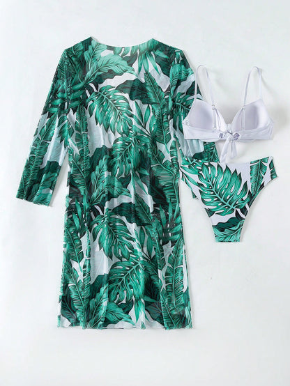 SHEIN Swim Vcay Leaf Printed Spliced Bikini Set, Swimsuit with Kimono Bathing Suit Beach Outfit Summer Vacation