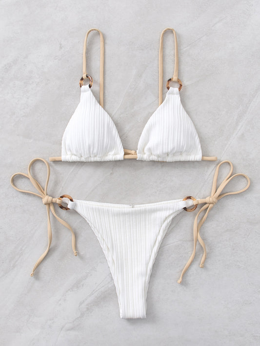 SHEIN Swim Basics Ribbed Bikini Set Ring Linked Triangle Thong Bra & Thong Bottom 2 Piece Bathing Suit