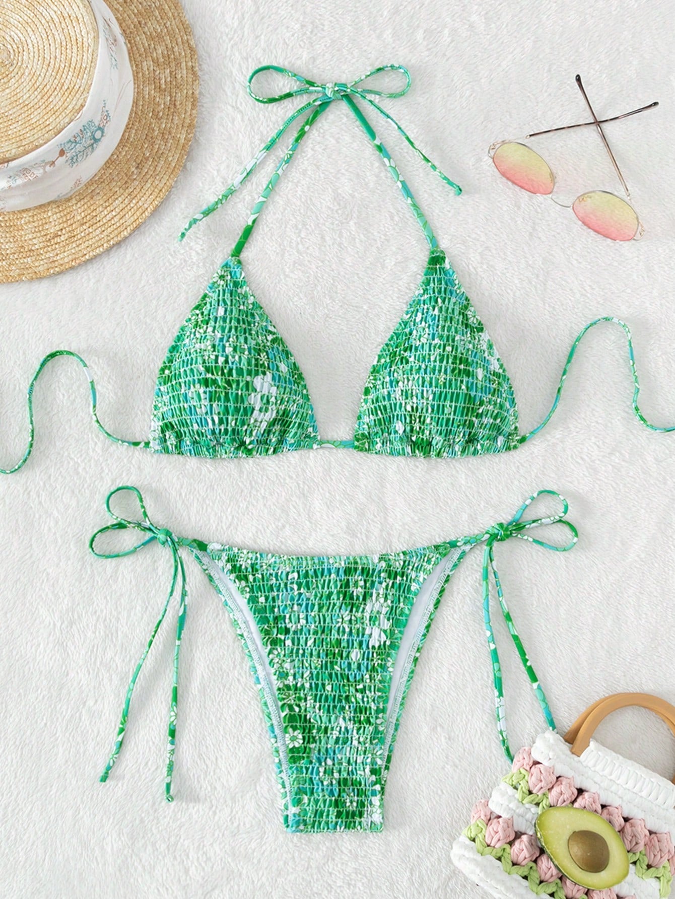 SHEIN Swim Vcay Floral Print Smocked Halter Triangle Bikini Swimsuit