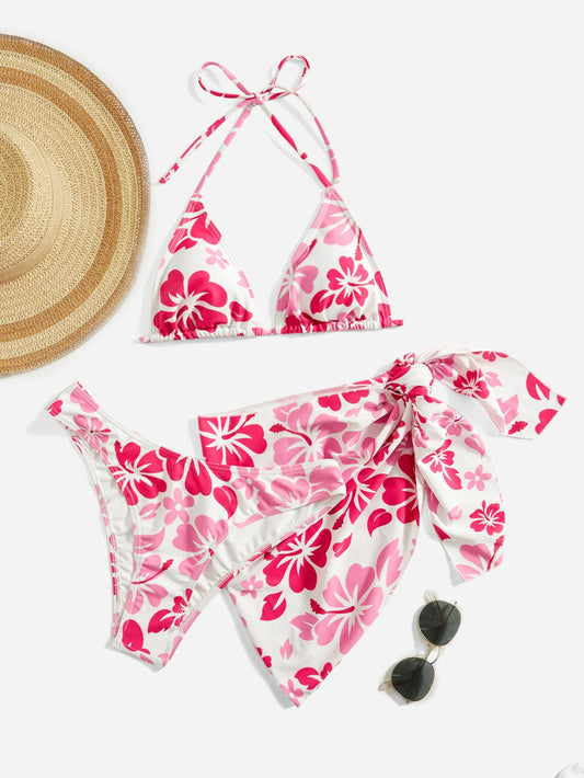 Floral Bikini Set Halter Micro Triangle Bra & Bikini Bottom & Cover up Skirt 3 Piece Bathing Suit